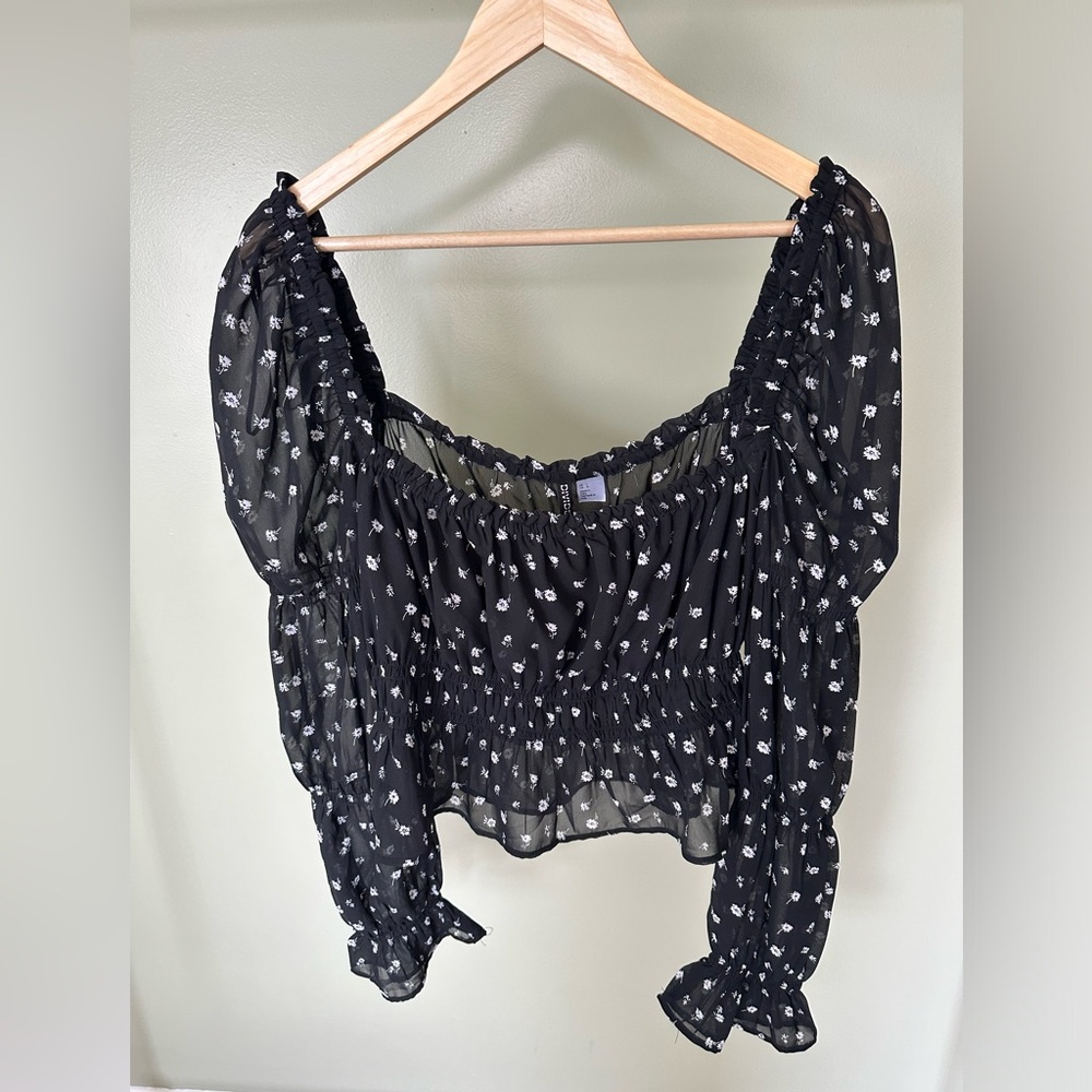 H&M black sheer floral long sleeve top